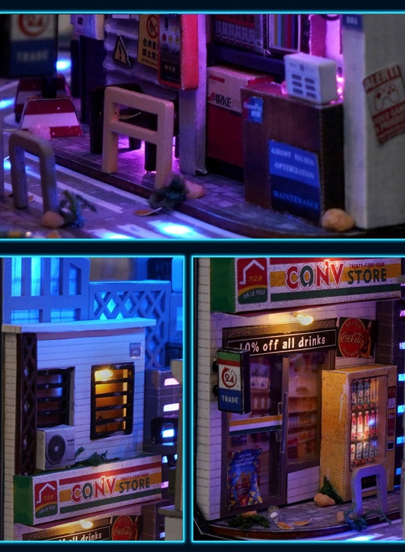 DIY Book Corner Kit, 3D Wooden Puzzle Book Corner, Decorative Bookends, Bookshelf Insert Decorative Alley with Furniture and LED Lights for Birthday Home Desk Decoration (Near future) - Image 3